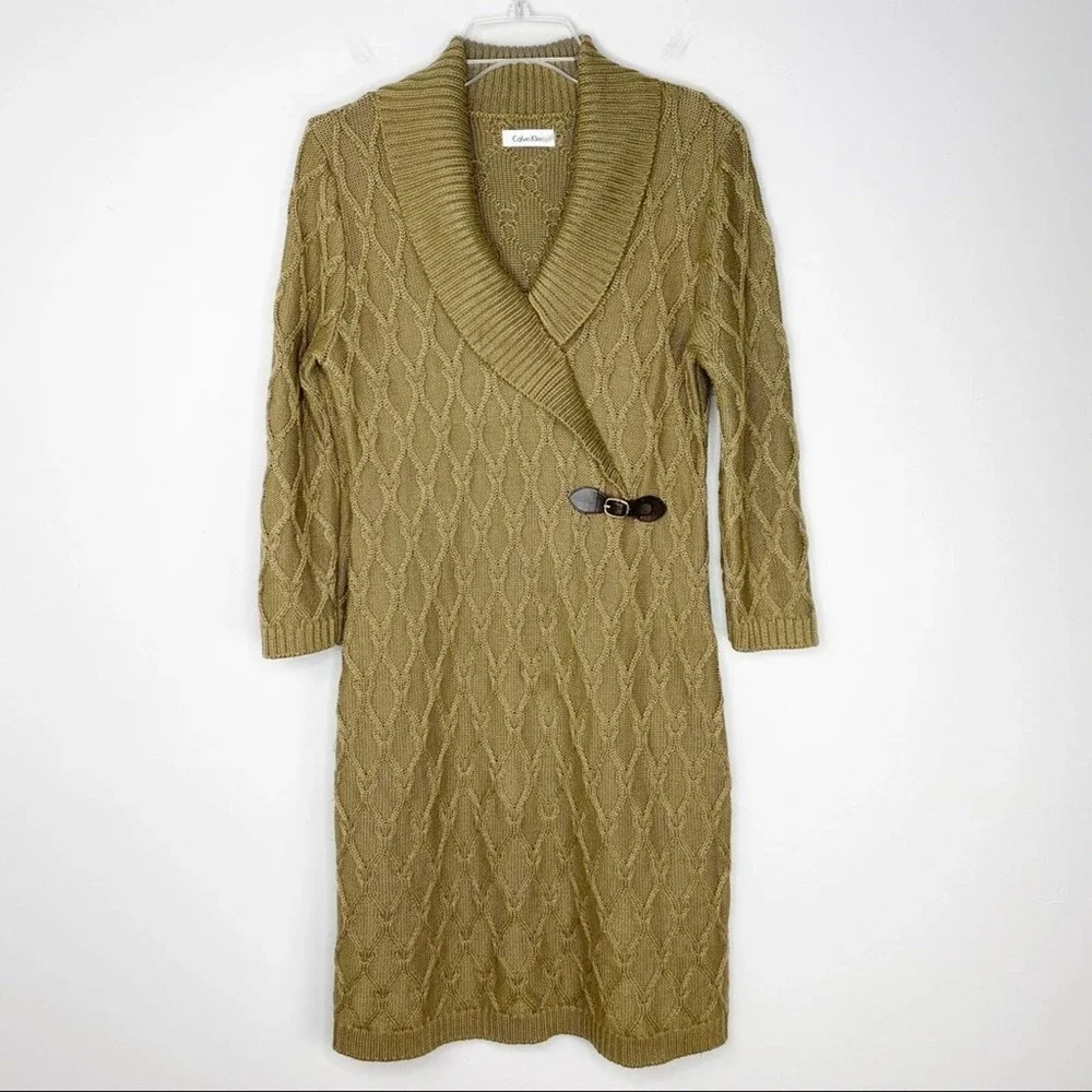 Calvin Klein Olive Green Faux Wrap Sweater Dress Size Large